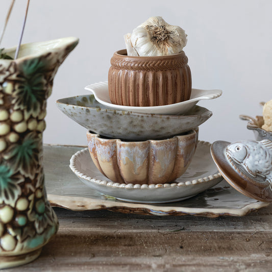 Stoneware Fluted Scalloped Bowl, Reactive Crackle Glaze, Brown (Each One Will Vary)