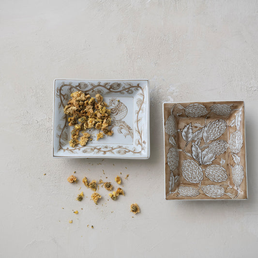 Hand-Painted Stoneware Dish with Botanicals