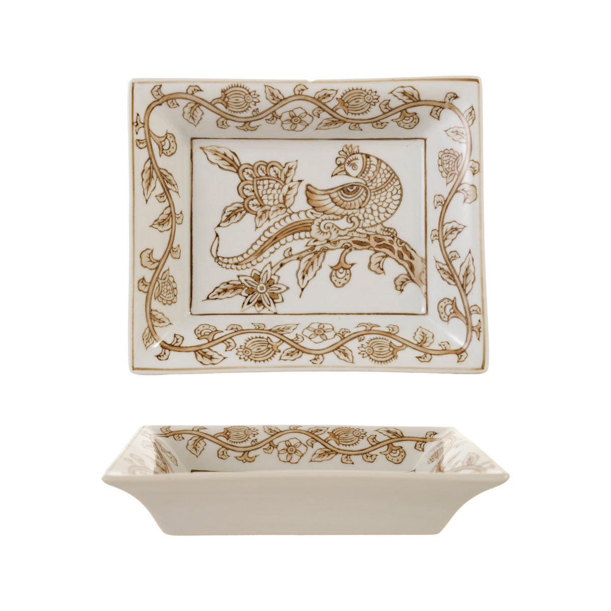 Hand-Painted Stoneware Dish with Bird & Botanicals