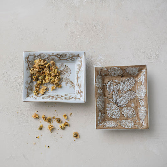 Hand-Painted Stoneware Dish with Bird & Botanicals