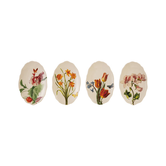 Stoneware Scalloped Plate with Flowers, White, 4 Styles