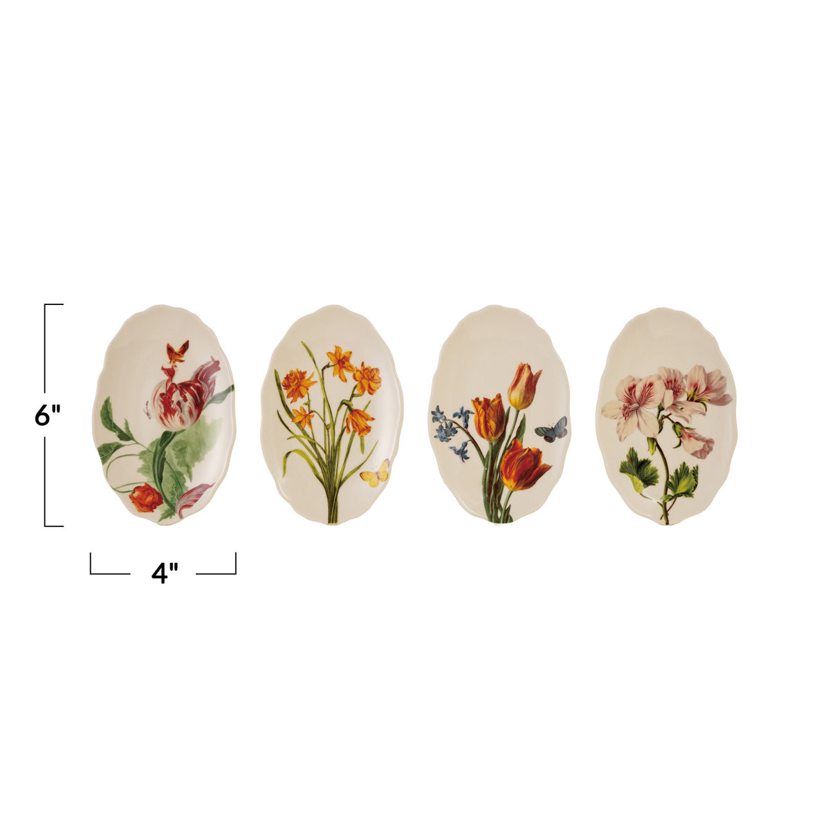 Stoneware Scalloped Plate with Flowers, White, 4 Styles