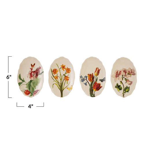 Stoneware Scalloped Plate with Flowers, White, 4 Styles