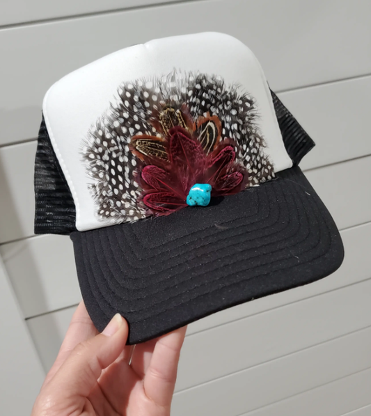 Western Feather Crown Trucker Hat-Black & White