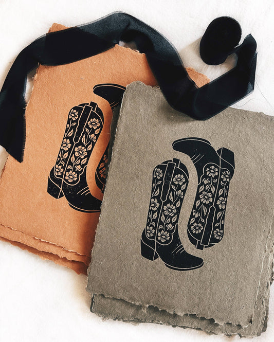 8x10 Cowboy Boots Floral Block Print on Handmade Paper