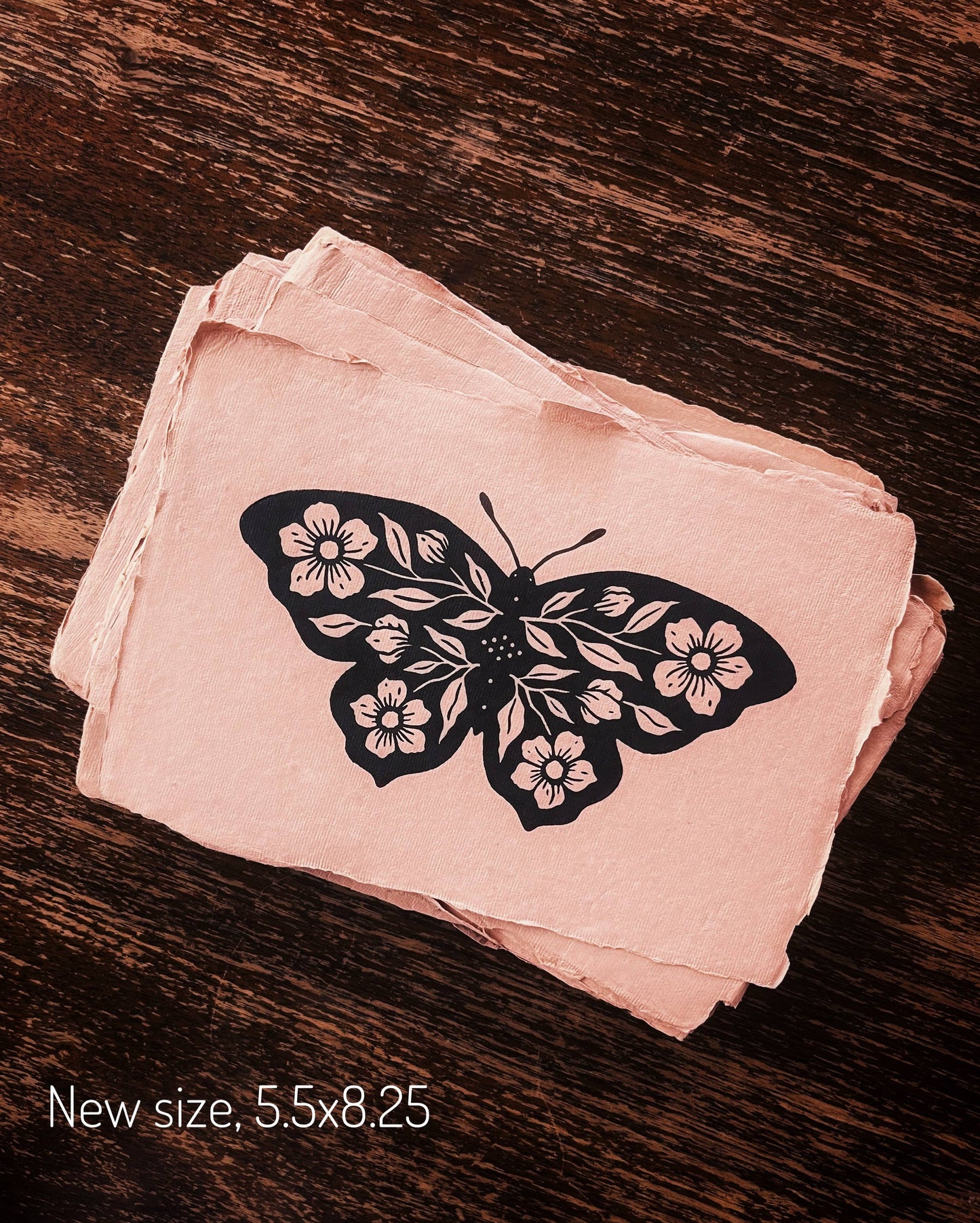 5.5x8.25 Floral Butterfly Block Print on Rose Handmade Paper