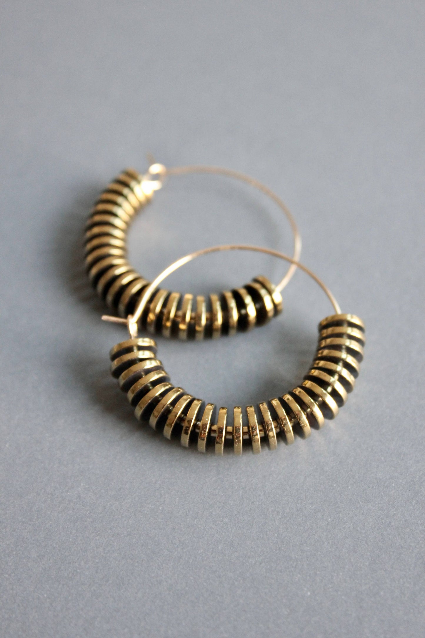 Gold hematite hoop earrings