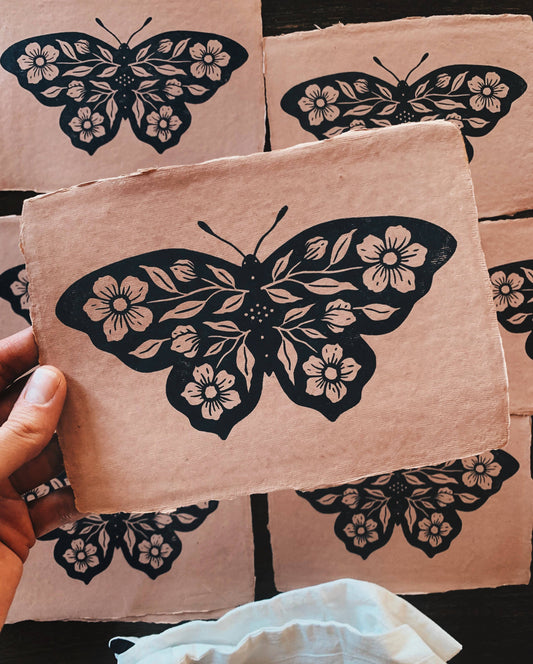 5.5x8.25 Floral Butterfly Block Print on Rose Handmade Paper