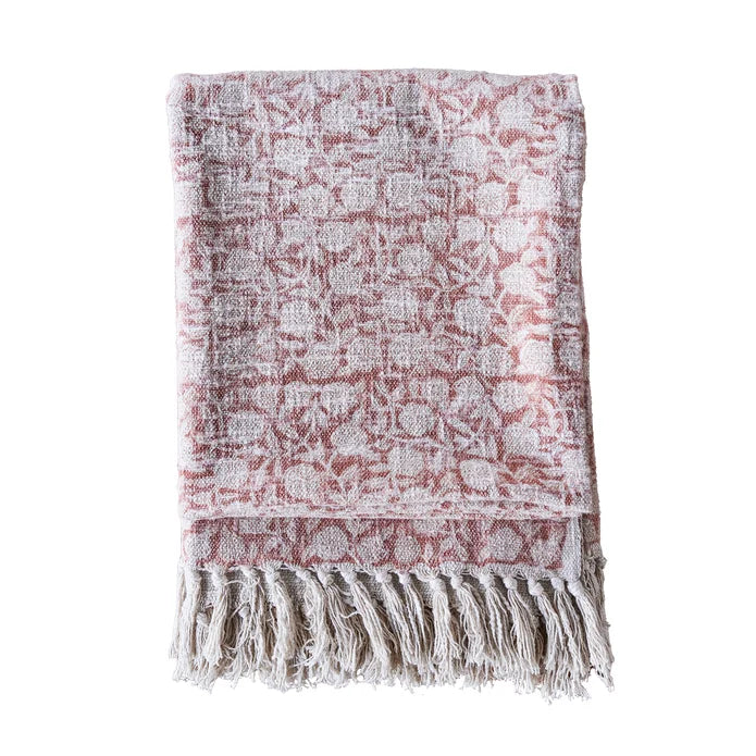 Handloom Cotton Throw w Light Brown Block Print