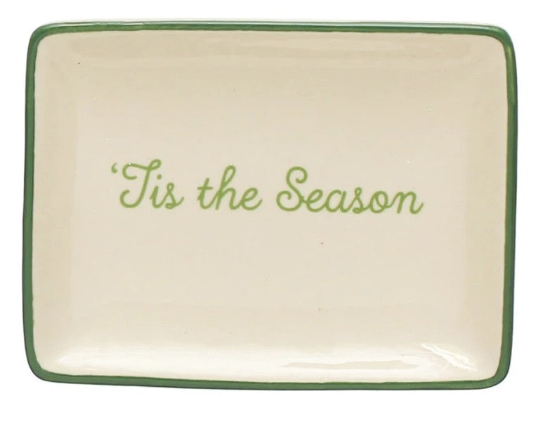 4"L x 3"W Stoneware Dish w/ Holiday Words & Red/Green Rim, Cream Color