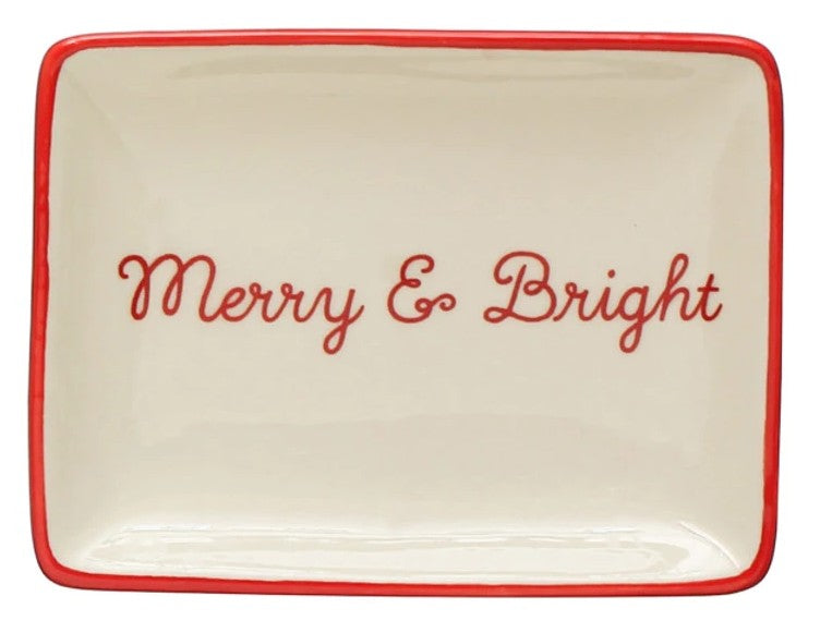 4"L x 3"W Stoneware Dish w/ Holiday Words & Red/Green Rim, Cream Color