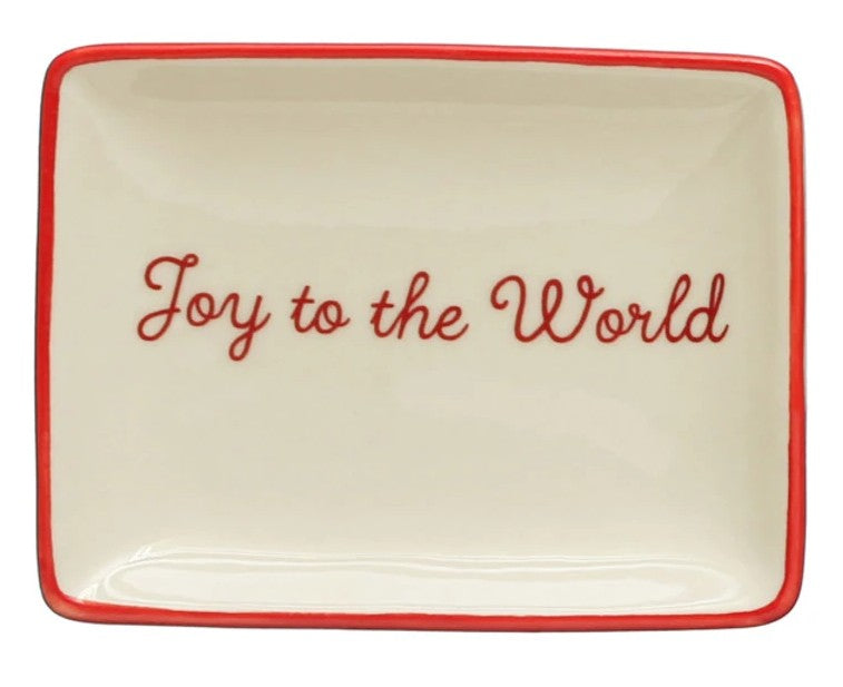 4"L x 3"W Stoneware Dish w/ Holiday Words & Red/Green Rim, Cream Color