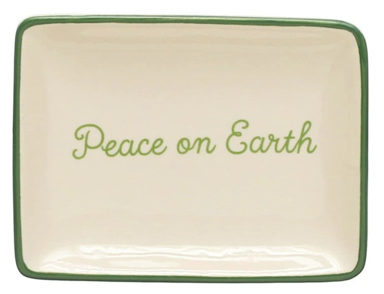 4"L x 3"W Stoneware Dish w/ Holiday Words & Red/Green Rim, Cream Color