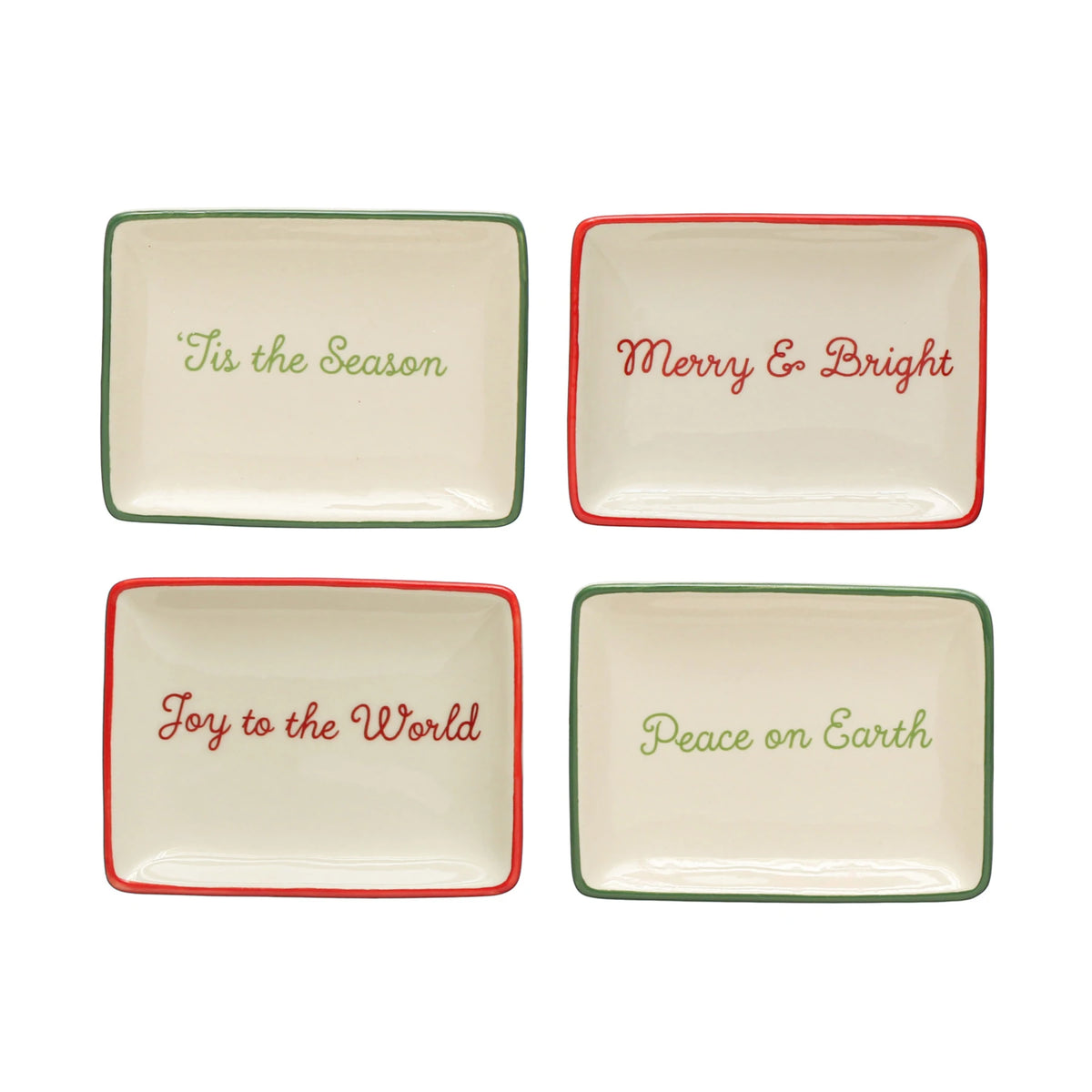 4"L x 3"W Stoneware Dish w/ Holiday Words & Red/Green Rim, Cream Color