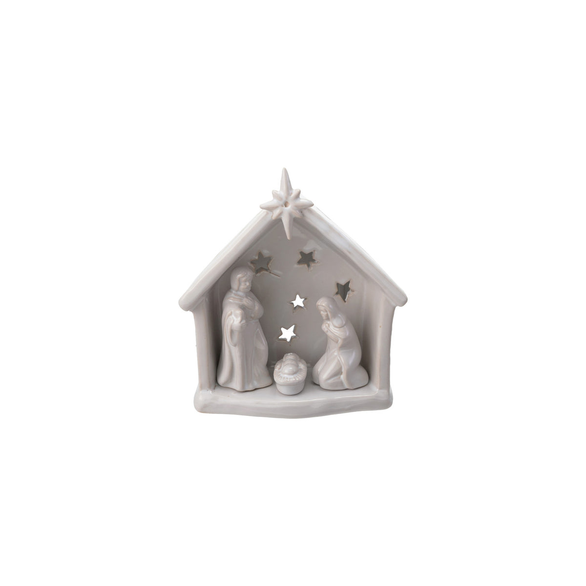 Stoneware Holy Family Tealight Holder with Star Cut-Outs, White