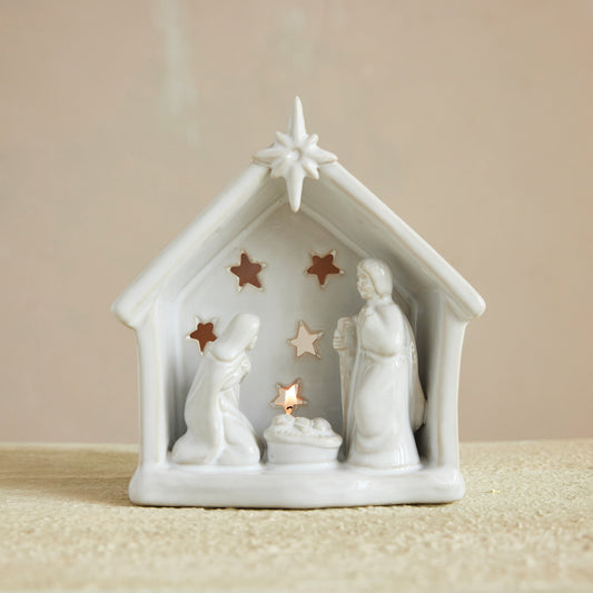 Stoneware Holy Family Tealight Holder with Star Cut-Outs, White