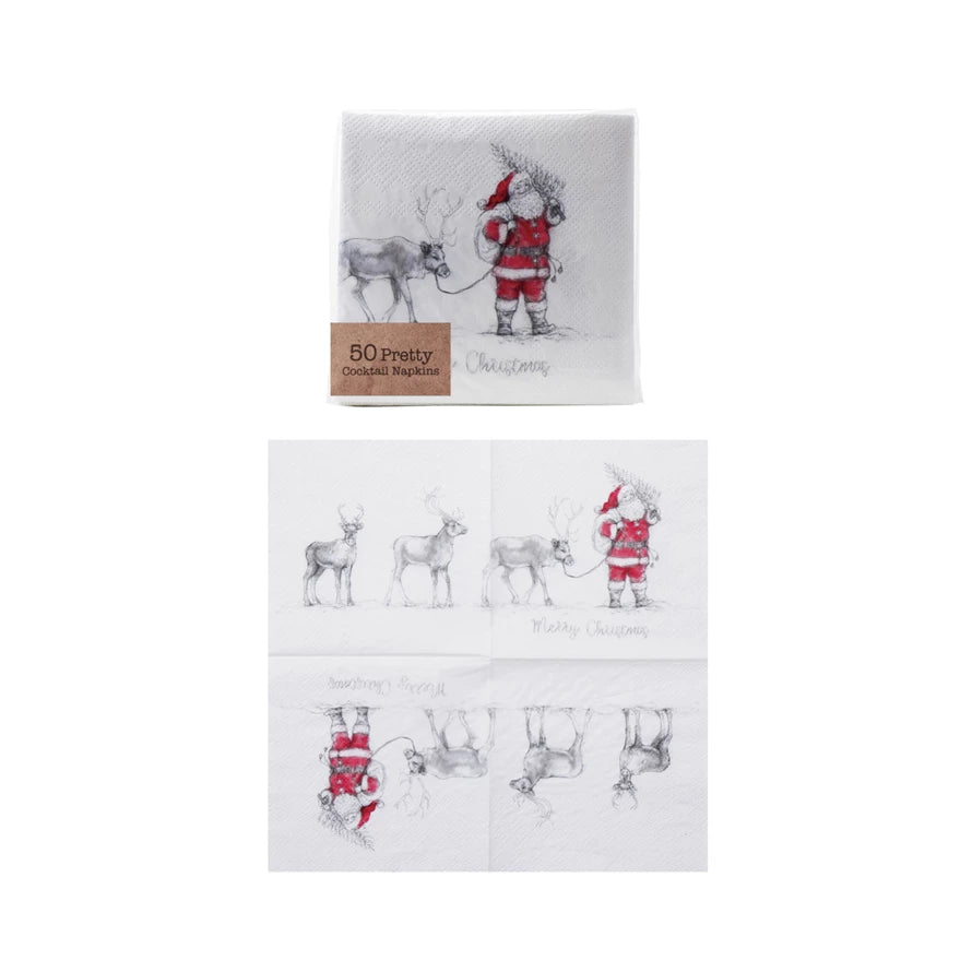 Paper Cocktail Napkins with Santa Leading Reindeer Image