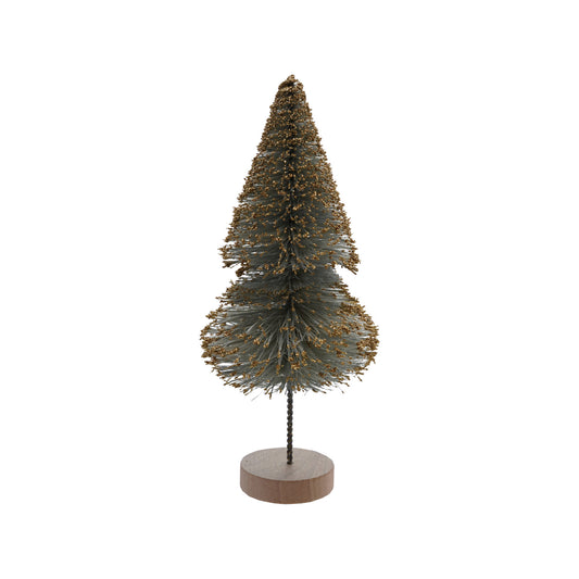 3-1/2" Round x 8"H Sisal Bottle Brush Tree with Gold Glitter & Wood Base, Mint Color