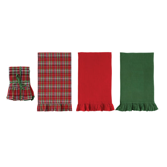 Woven Cotton Waffle Weave Tea Towels with Ruffle