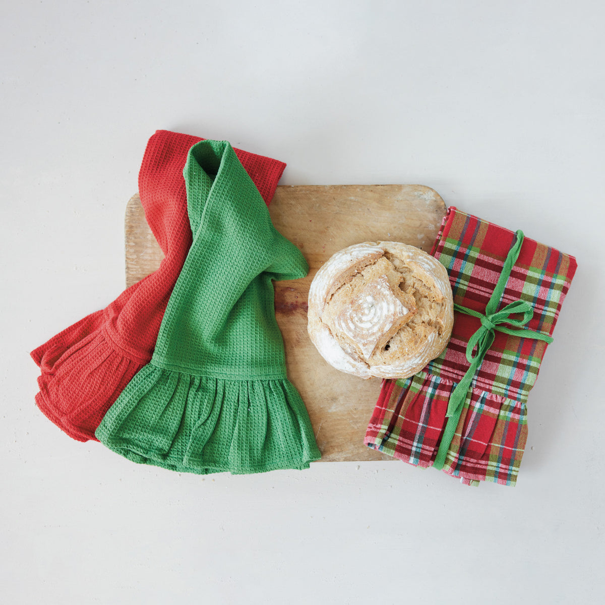 Woven Cotton Waffle Weave Tea Towels with Ruffle