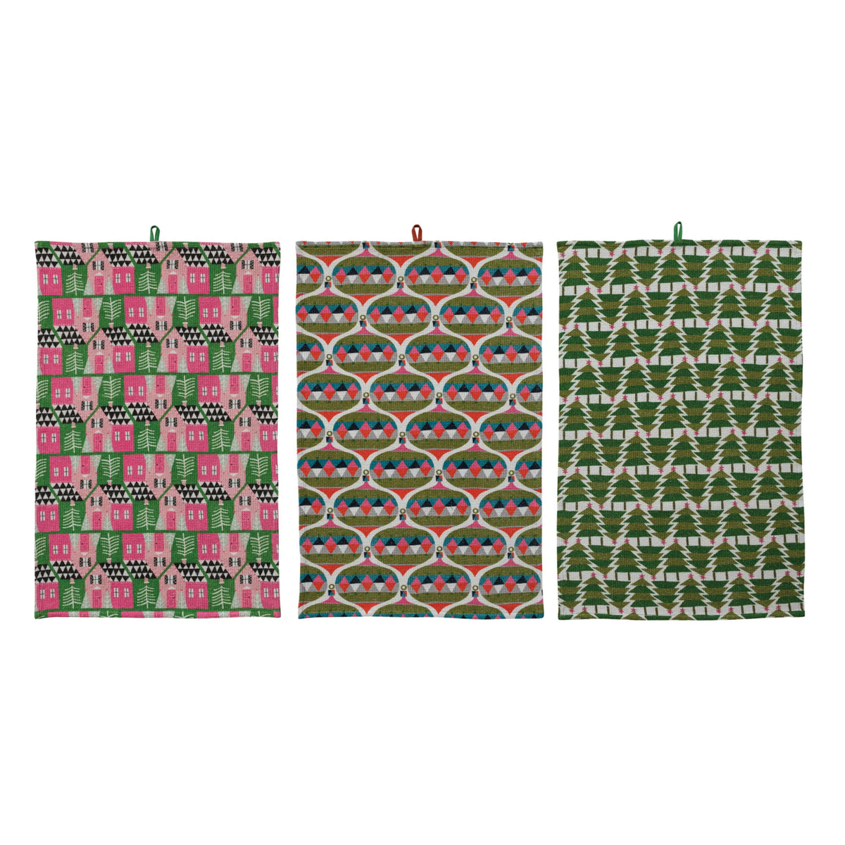 Cotton Printed Waffle Weave Tea Towel with Holiday Pattern