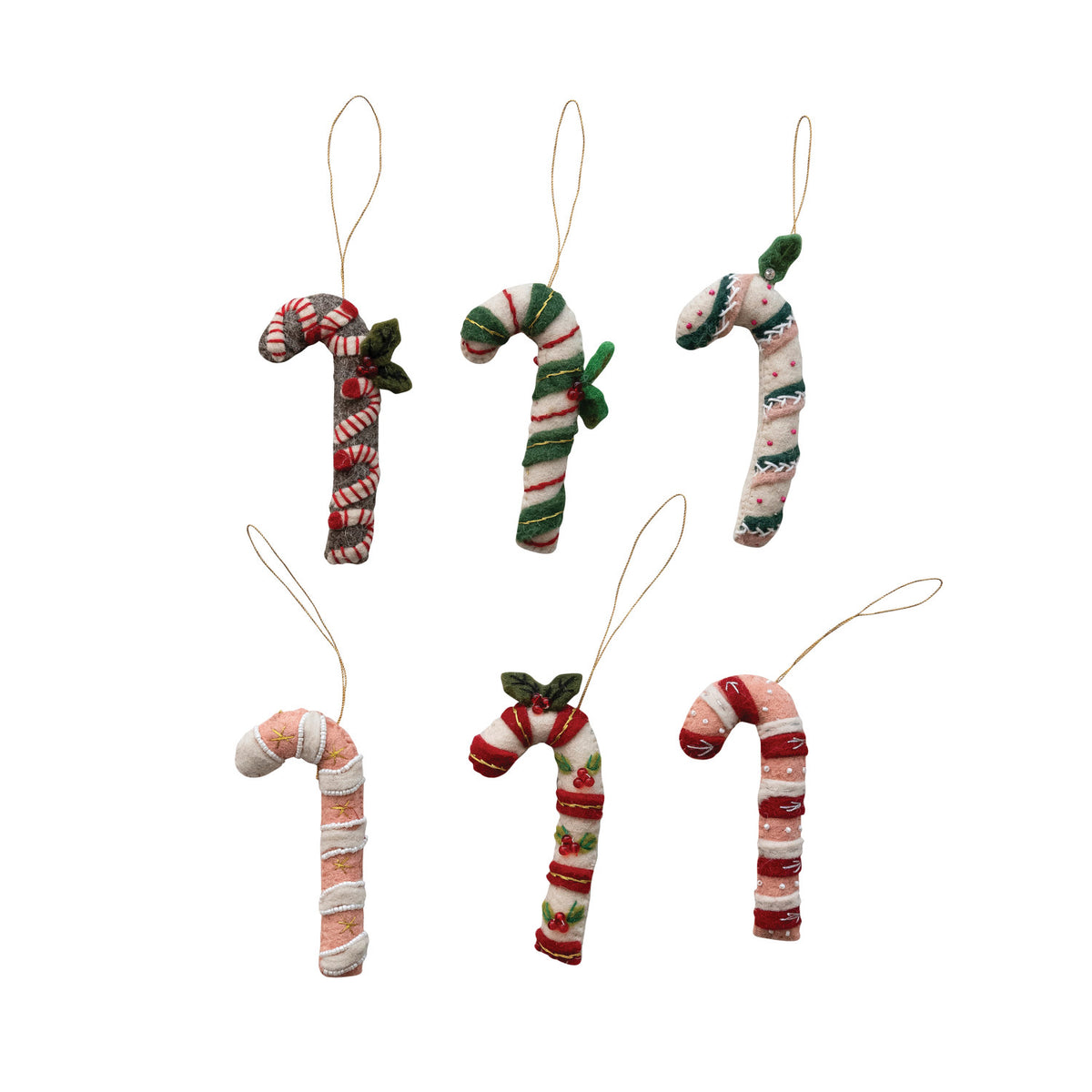 Handmade Wool Felt Candy Cane Ornament with Applique, Embroidery & Beads