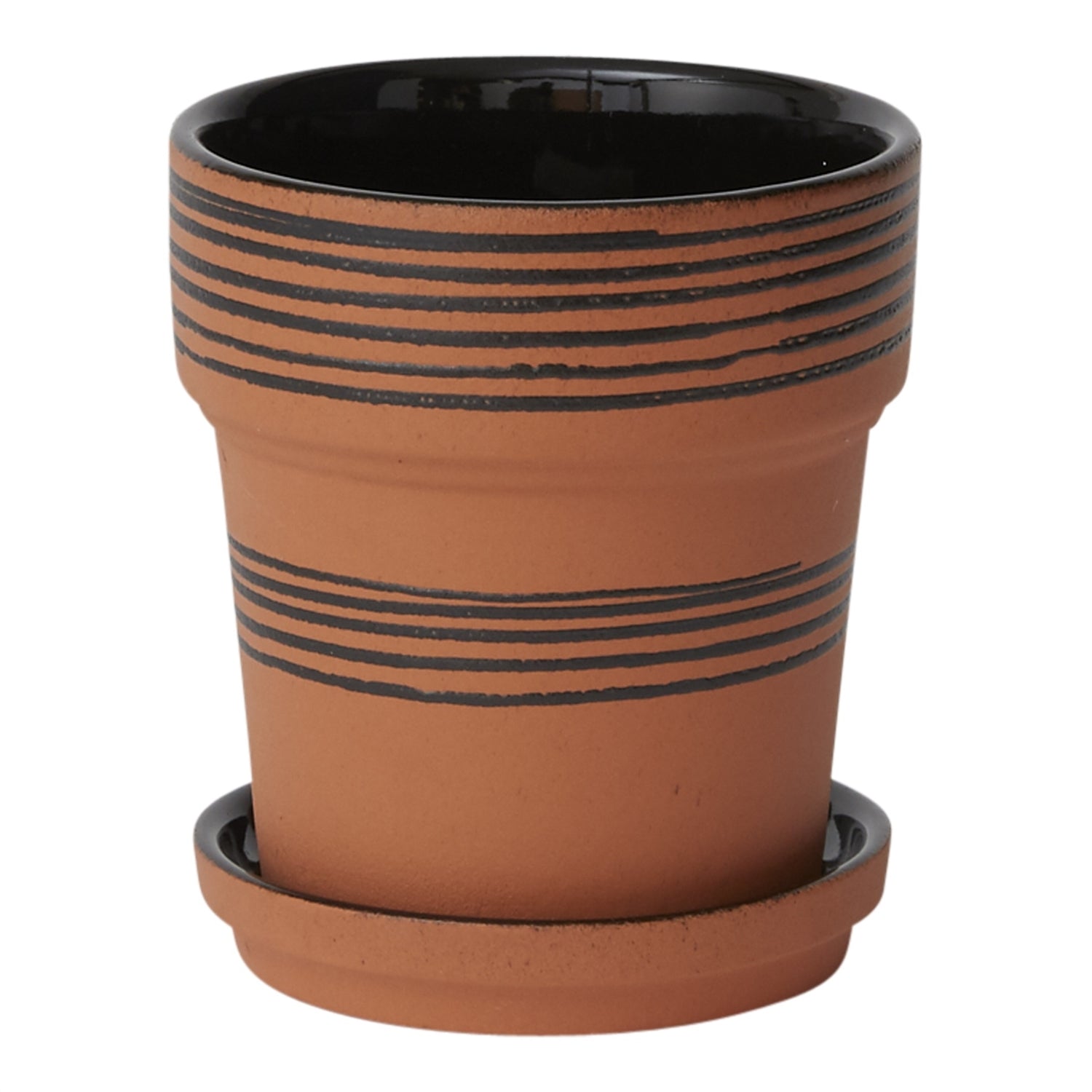 Our Herati Pot is the perfect addition to any garden or window ledge. Ceremic Terra-cotta with black horizontal banding design. Comes with watering tray in same material. Small pot 4" x 4.5" (opening size 3.5") Large pot 6.5" x 6.5" (opening size 6")