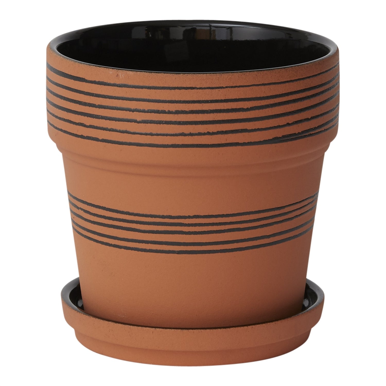 Our Herati Pot is the perfect addition to any garden or window ledge. Ceremic Terra-cotta with black horizontal banding design. Comes with watering tray in same material. Small pot 4" x 4.5" (opening size 3.5") Large pot 6.5" x 6.5" (opening size 6")