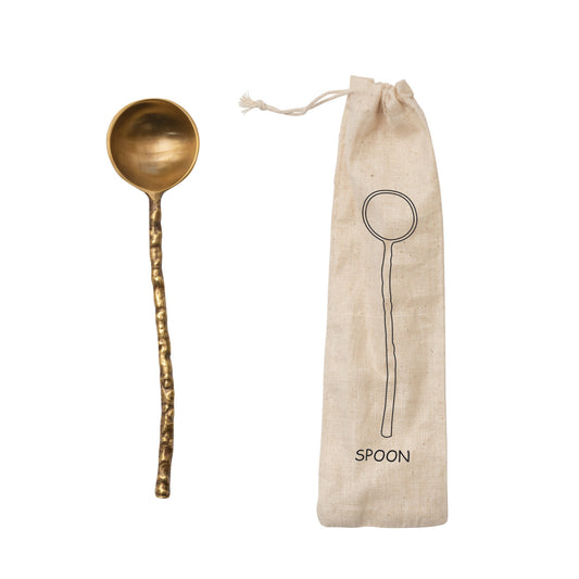 Brass Serving Spoon w/ Hammered Handle in Printed Drawstring Bag