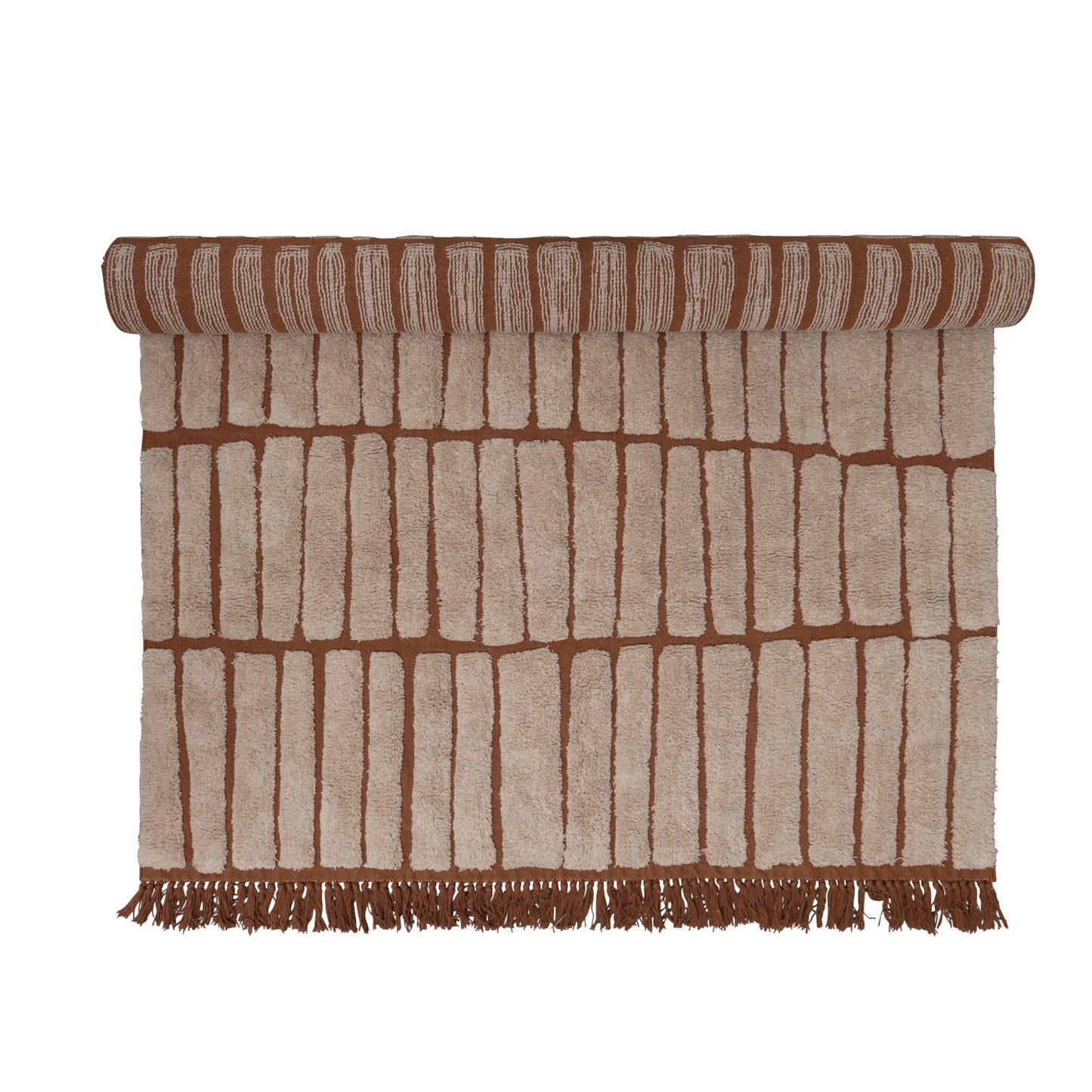5' x 8' Cotton Tufted Rug w/ Block Design & Fringe, Sienna & Cream Color
