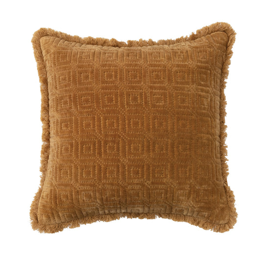 18" Square Cotton Velvet Quilted Pillow w/ Pattern & Fringe, Polyester Fill
