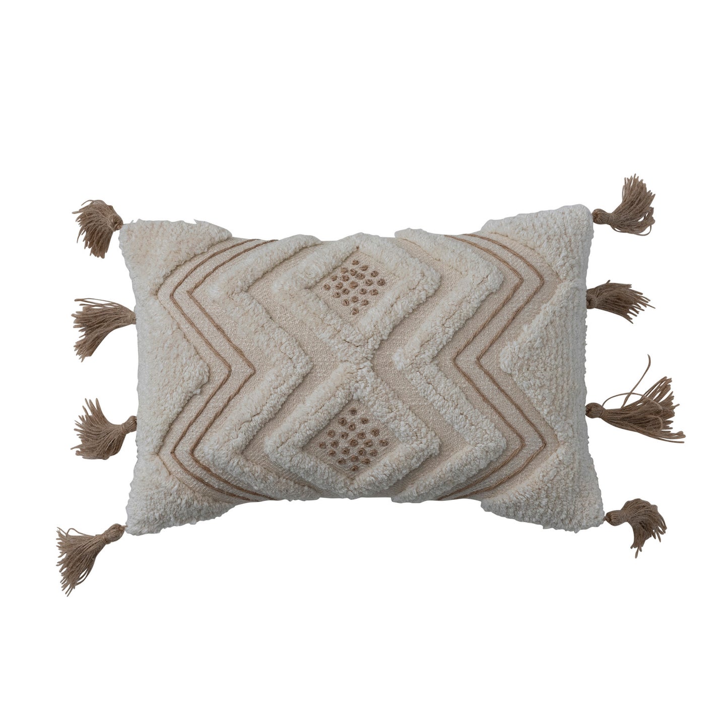 14"L x 9"H Cotton Slub Lumbar Pillow w/ Tufting, Embroidery & Jute Tassels, Natural