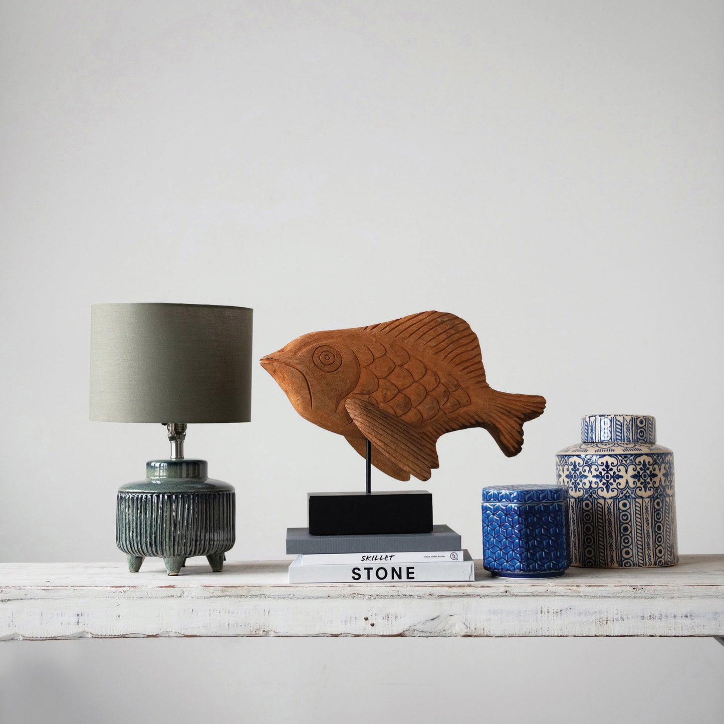 Stoneware Footed Table Lamp with Linen Shade
