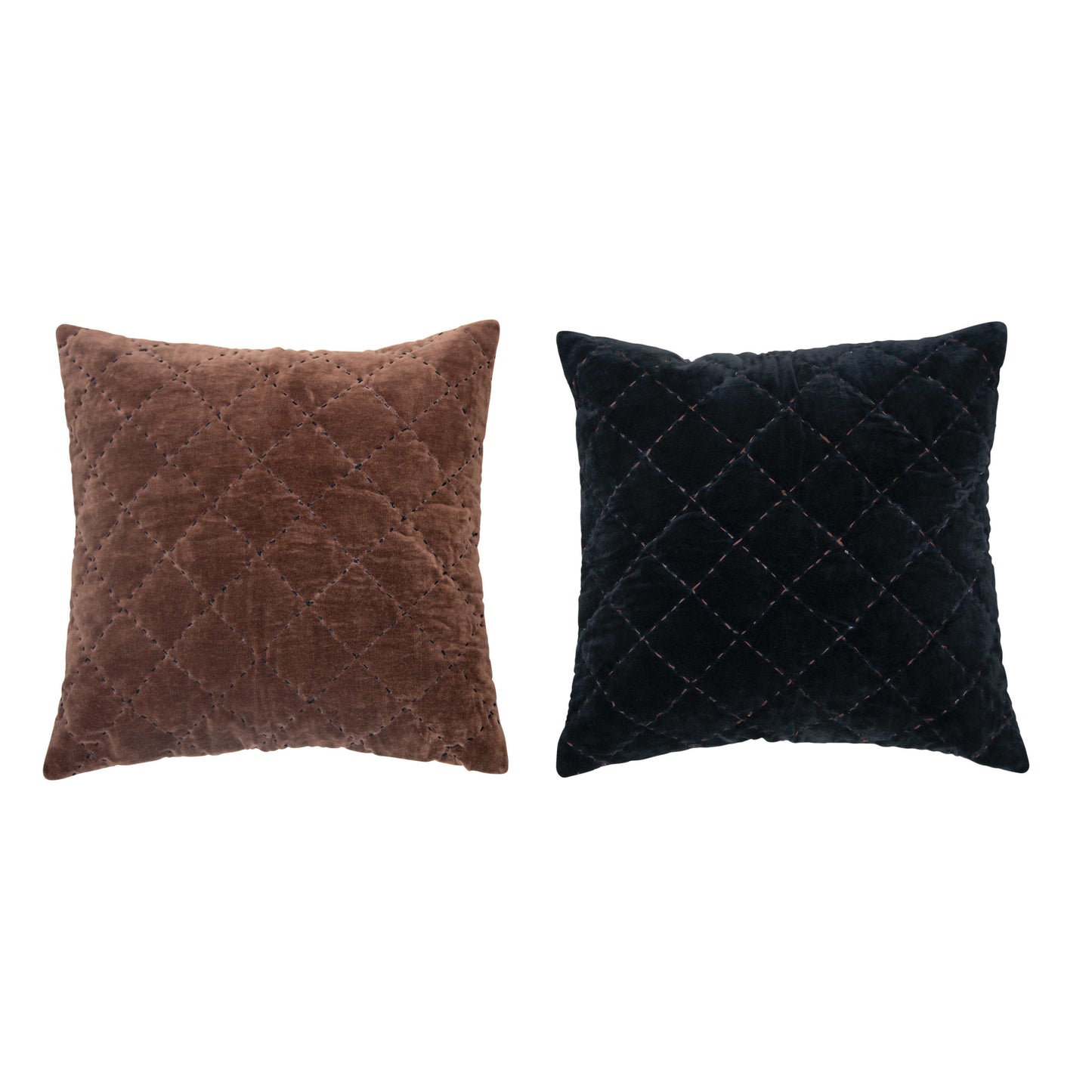 Cotton Velvet Pillow with Kantha Stitch, 2 Colors