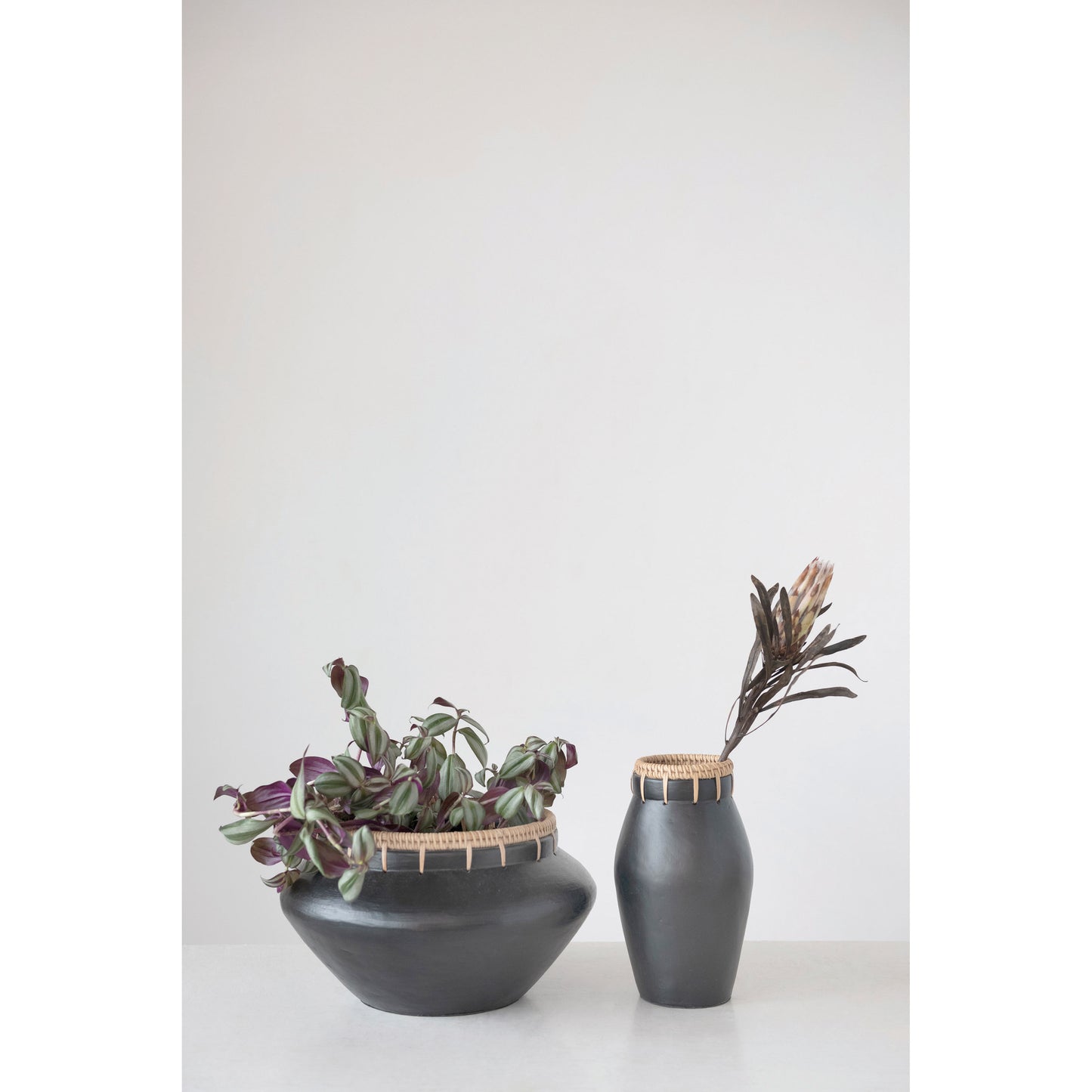Handmade Terra-cotta Vase w/ Rattan Stitching, Black