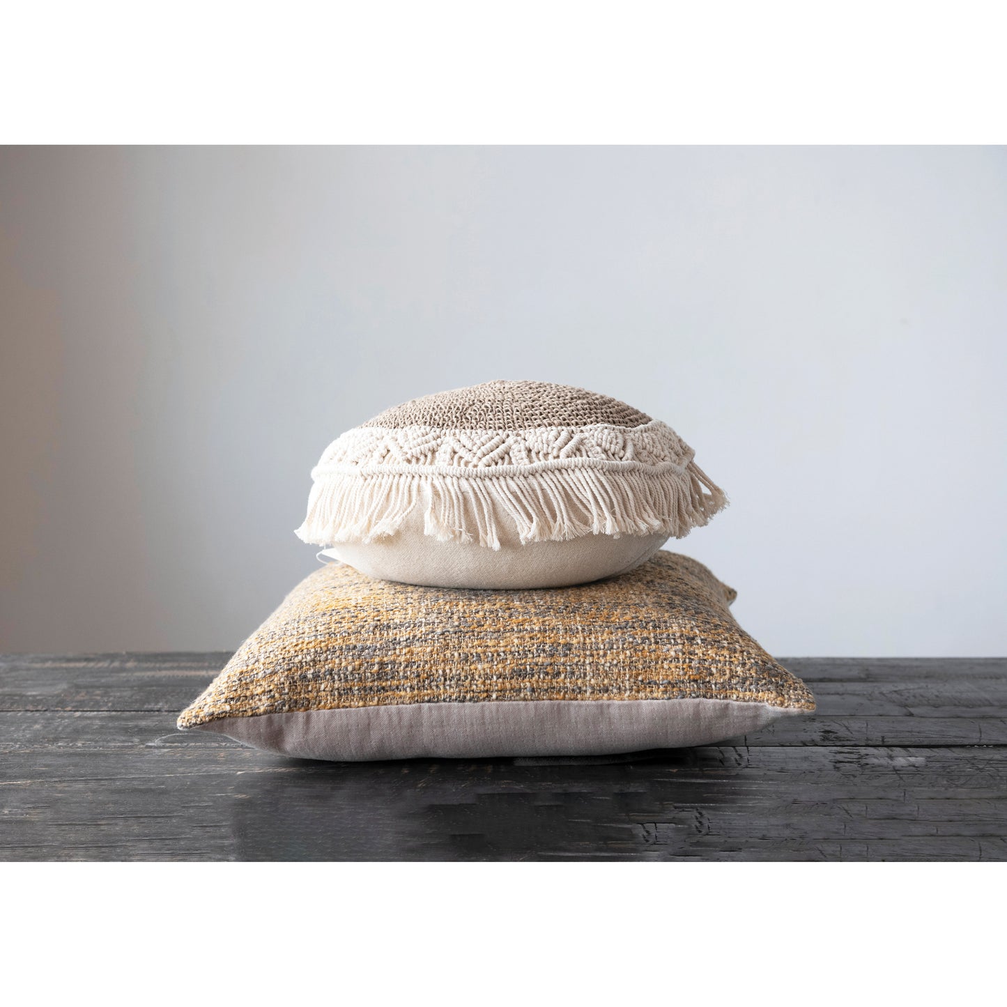 Hand-Woven Cotton and Jute Macrame Pillow with Fringe