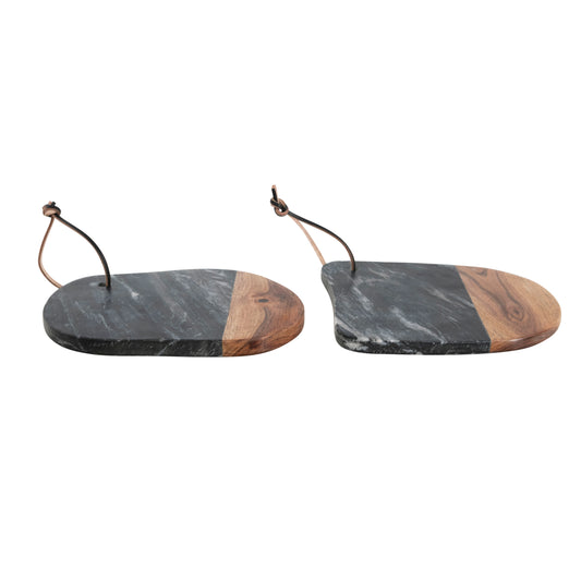 Marble & Acacia Wood Organic Shaped Cheese/Cutting Board w/ Leather Tie, Black & Natural