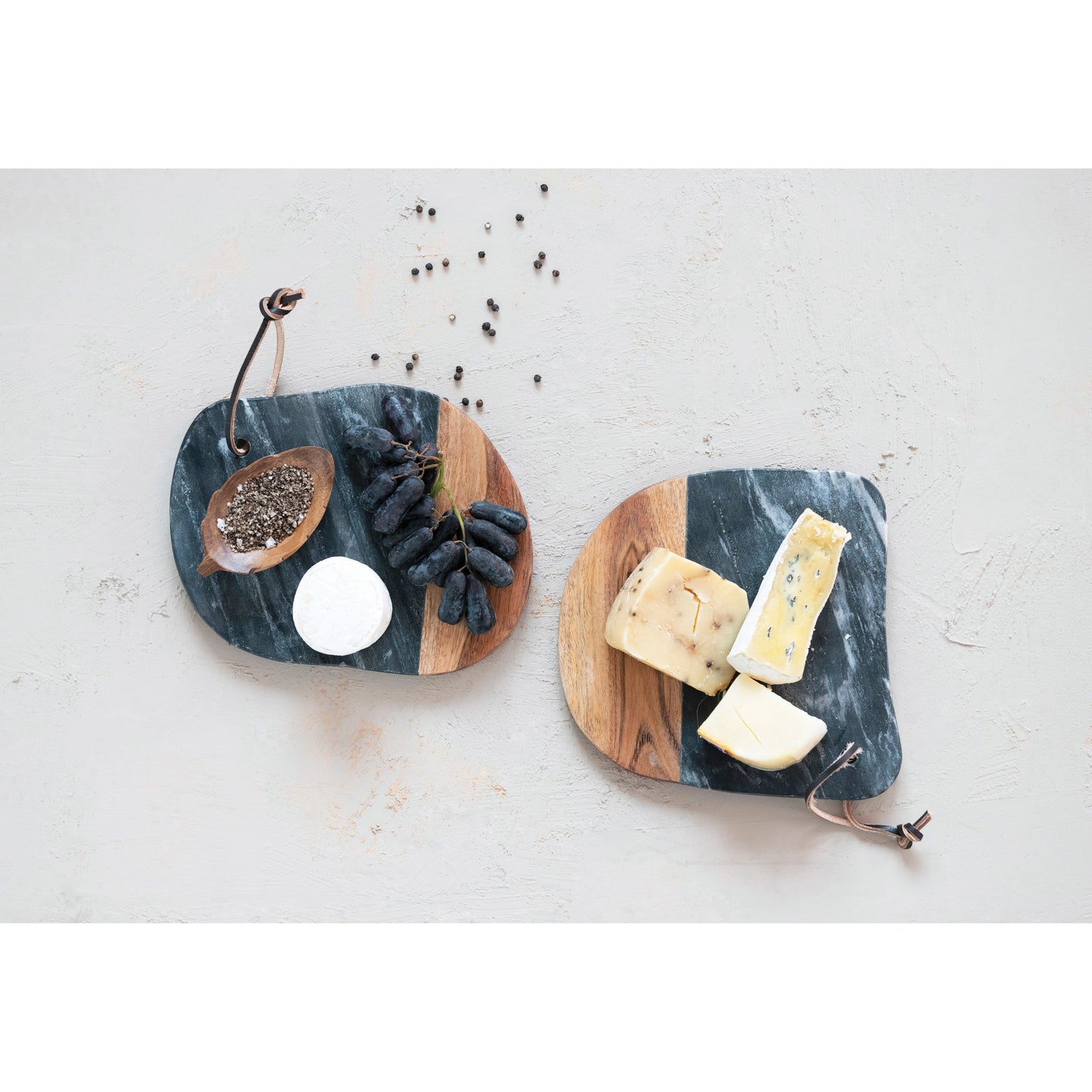 Marble & Acacia Wood Organic Shaped Cheese/Cutting Board w/ Leather Tie, Black & Natural