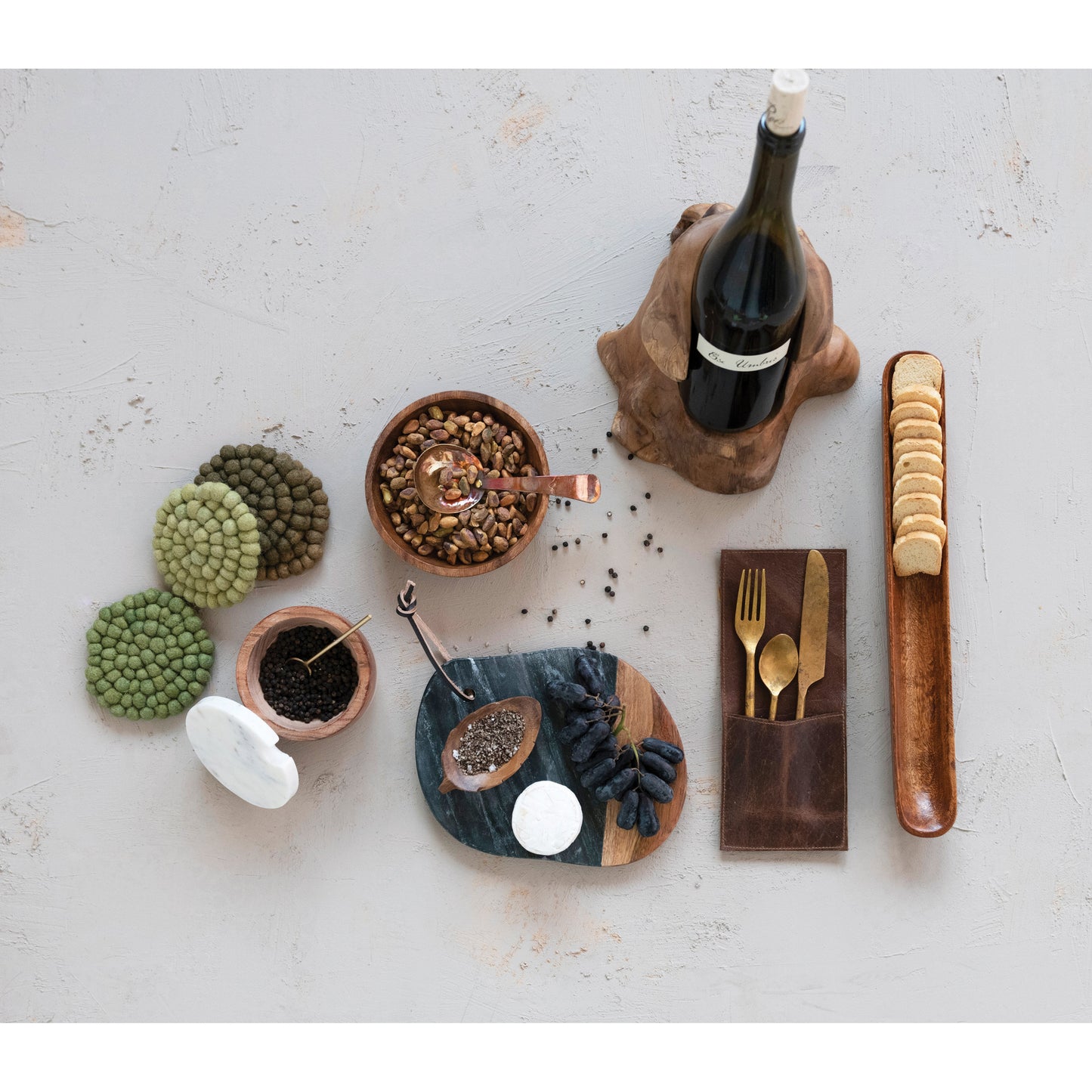 Marble & Acacia Wood Organic Shaped Cheese/Cutting Board w/ Leather Tie, Black & Natural