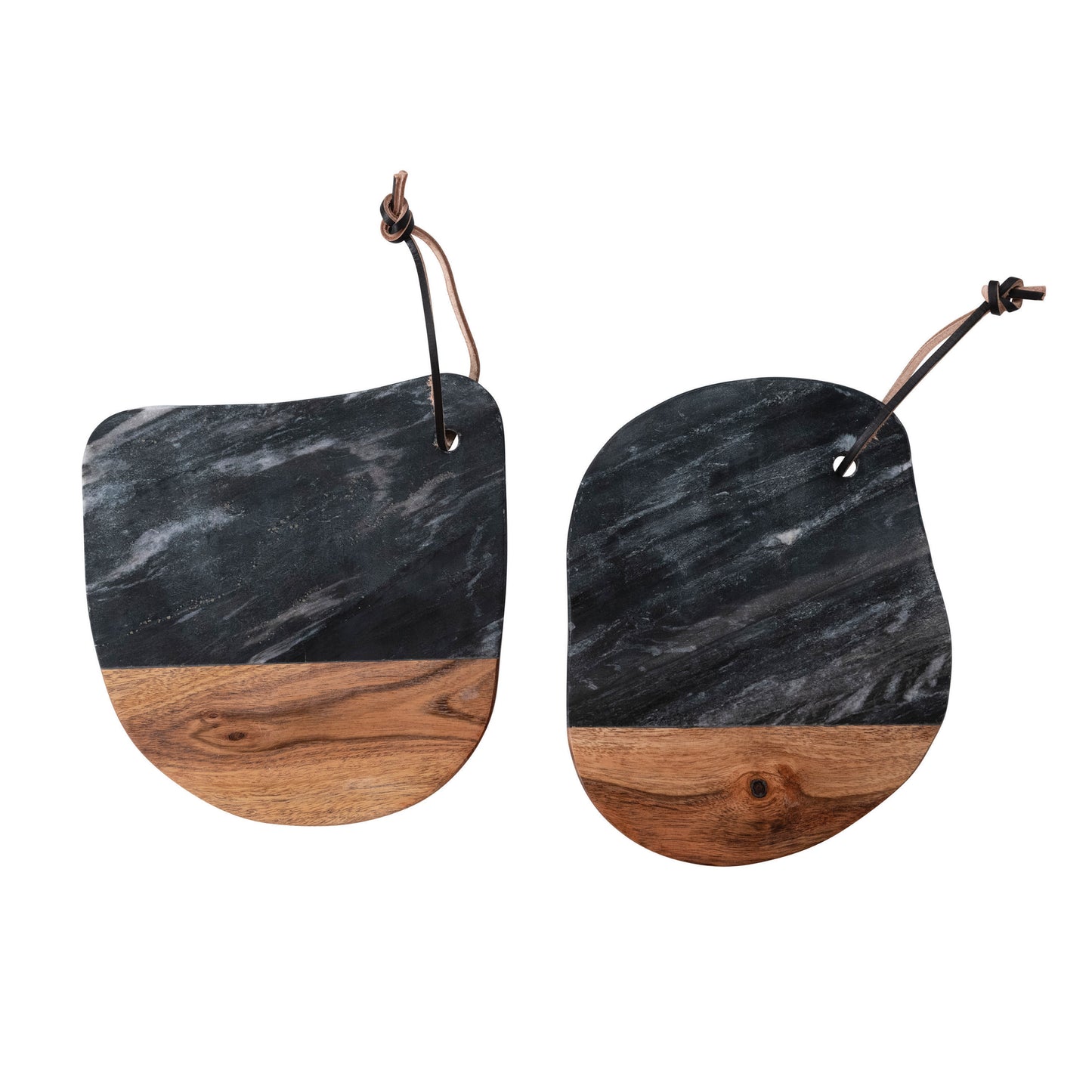 Marble & Acacia Wood Organic Shaped Cheese/Cutting Board w/ Leather Tie, Black & Natural