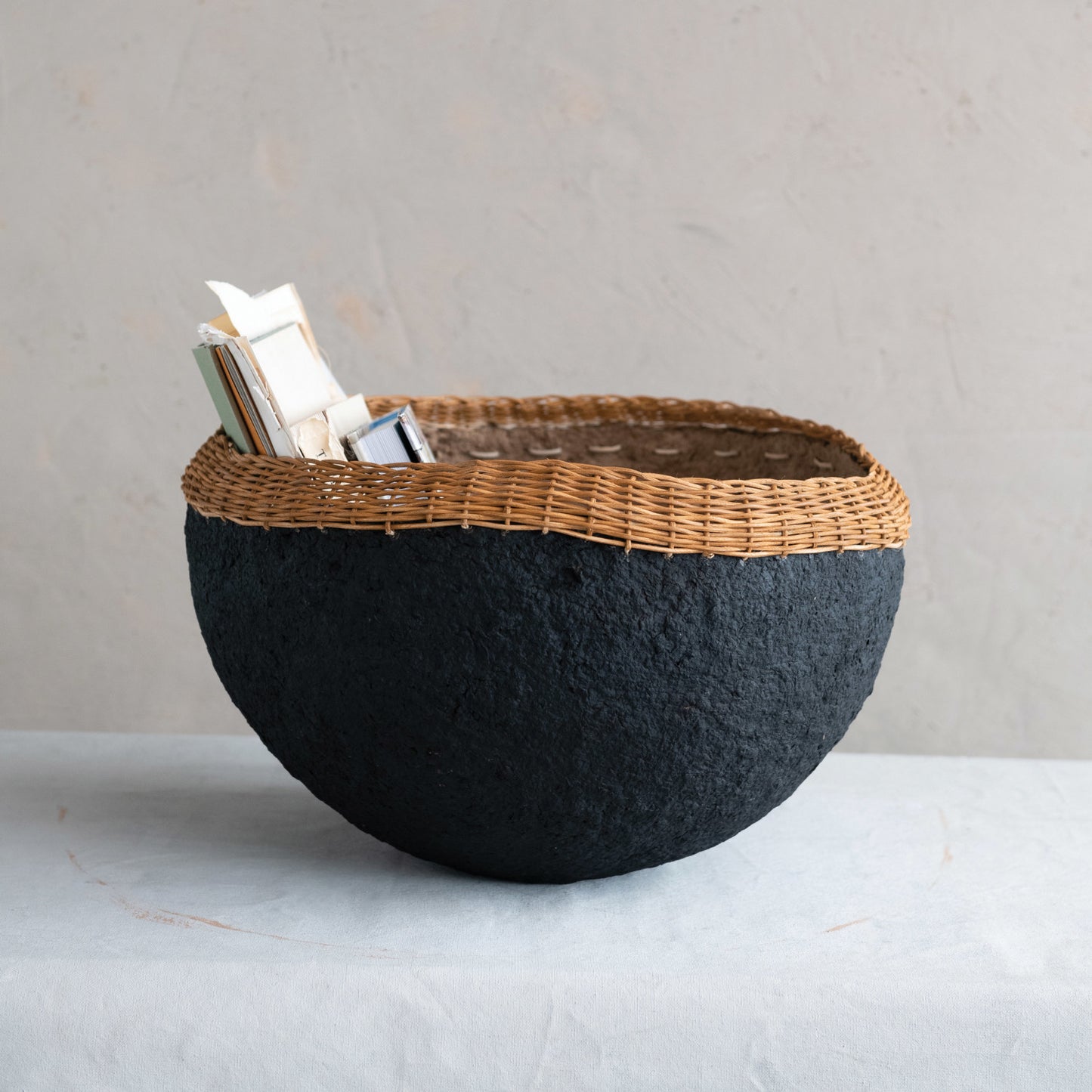 Decorative Handmade Paper Mache Bowl w/ Wicker Rim
