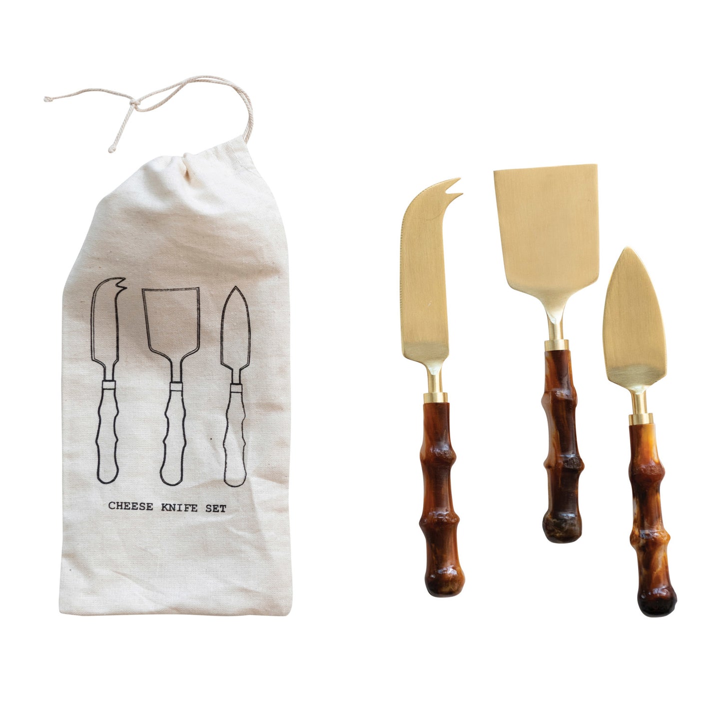 Stainless Steel & Resin Cheese Knives w/ Bamboo Shaped Handles, Set of 3 in Drawstring Bag