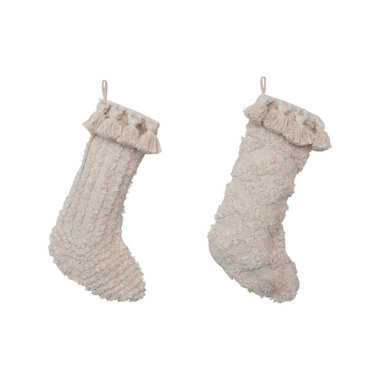 20"H Cotton Slub Holiday Stocking with Tufting and Tassels, Cream Color, 2 Styles