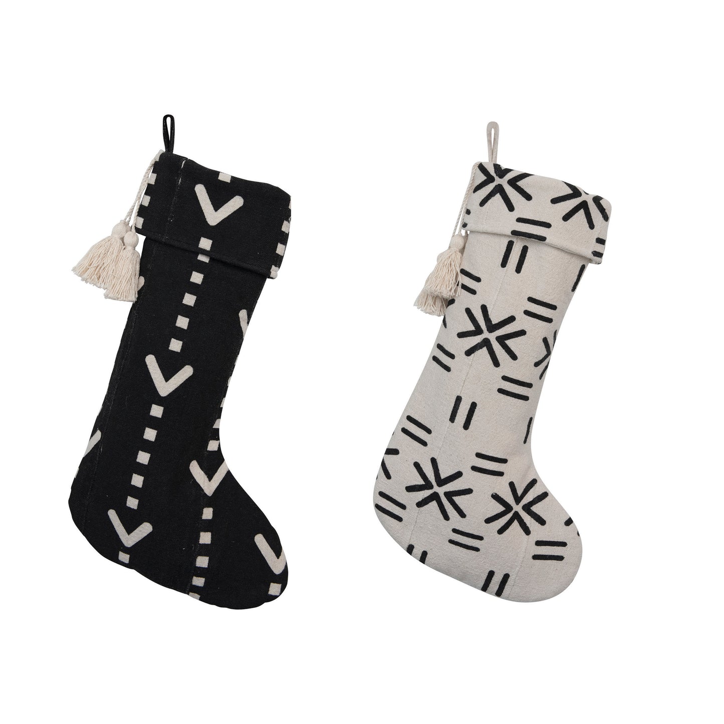 20"H Cotton Stocking with Mudcloth Pattern and Tassels, Black and White, 2 Styles