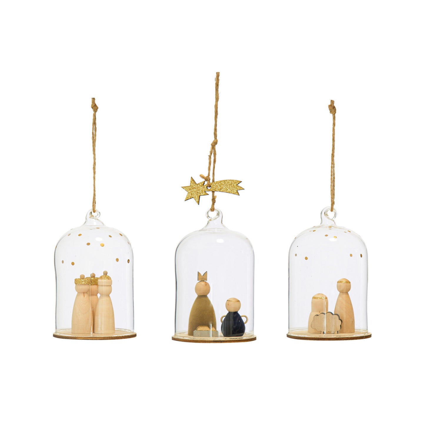Glass Cloche Ornaments w/ Wood Nativity