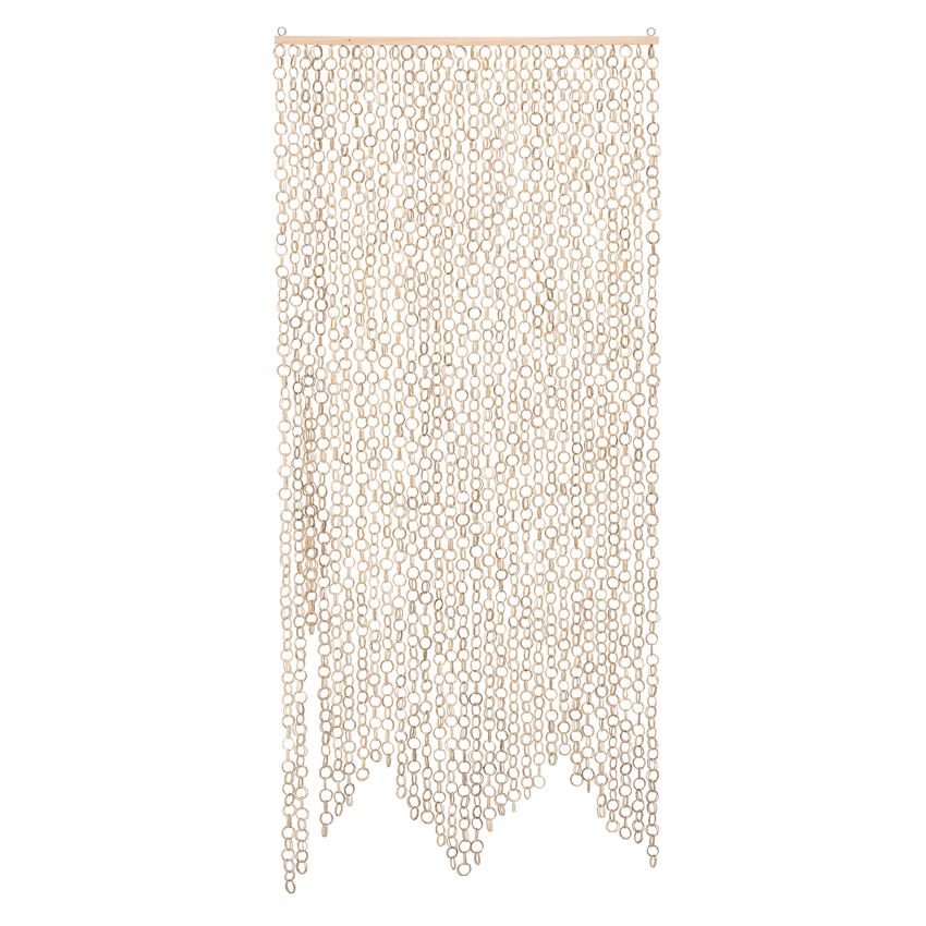 A Mid-Century, Boho Bamboo Link Curtain. Measures 35-1/2"W x 79"L and comes with two eye-hooks for hanging