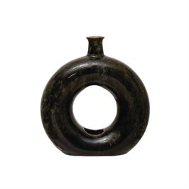 The Stoneware Decorative Open View Circle Vase with a Reactive Glaze finish in Olive Green & Black adds a unique modern mid-century vibe to your décor.  Each one will vary.