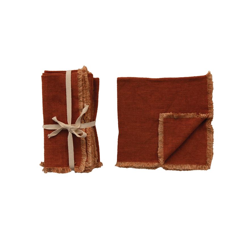 These 18" Square Linen Blend Napkins with Fringe Trim with a Rust Color come as a Set of 4 and adds the perfect pop of color to your holiday table.