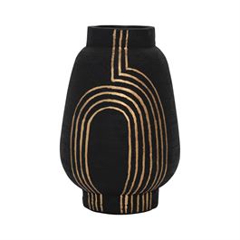 Make a statement with the Black 7-1/4" Round x 11-3/4"H Hand-Painted Terra-cotta Vase w/ Gold Design. Perfect for your table center piece. Add a special botanical bouquet to complete your design.