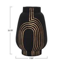 7-1/4" Round x 11-3/4"H Hand-Painted Terra-cotta Vase w/ Gold Design, Black